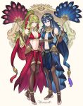  2girls adapted_costume alternate_costume bare_shoulders blue_eyes blue_hair bracelet breasts bridal_gauntlets bridal_legwear cleavage closed_mouth cosplay dancer dorothea_arnault dorothea_arnault_(cosplay) dorothea_arnault_(plegian) dorothea_arnault_(plegian)_(cosplay) fire_emblem fire_emblem:_three_houses fire_emblem_awakening fire_emblem_heroes gold_collar green_eyes green_hair hair_between_eyes hair_ornament hand_fan harem_outfit holding holding_fan jewelry long_hair looking_at_viewer lucina_(fire_emblem) medium_breasts meziosaur multiple_girls navel pantyhose pelvic_curtain pointy_ears ponytail revealing_clothes sideboob small_breasts smile stomach thigh_ring tiara tiki_(adult)_(fire_emblem) tiki_(fire_emblem) 