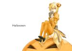  1girl alternate_color archbishop_(ragnarok_online) bangs black_footwear black_sash blonde_hair book bun_cover choukichi closed_mouth commentary_request double_bun dress eyebrows_visible_through_hair full_body hair_between_eyes hair_ornament halloween high_heels holding holding_book jack-o&#039;-lantern jack-o&#039;-lantern_hair_ornament juliet_sleeves long_sleeves looking_at_viewer orange_dress orange_legwear pink_eyes puffy_sleeves ragnarok_online sash short_hair simple_background sitting smile solo thighhighs white_background 