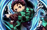  1boy absurdres black_jacket brown_hair burn_mark checkered clenched_teeth earrings haori highres holding holding_sword holding_weapon isami_don jacket japanese_clothes jewelry kamado_tanjirou kimetsu_no_yaiba long_sleeves looking_at_viewer male_focus official_style red_eyes scar scar_on_cheek scar_on_face short_hair solo sword teeth v-shaped_eyebrows water weapon 