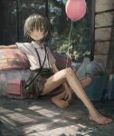  1girl absurdres bag balloon bare_legs barefoot black_hair blush brown_eyes collared_shirt highres looking_at_viewer original outdoors parted_lips shion_(mirudakemann) shirt short_hair short_sleeves shoulder_bag sitting sketch skirt solo suspender_skirt suspenders white_shirt 