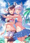  2girls ;d absurdres ahoge animal_ear_fluff animal_ears arpeggio_kaga bare_arms bare_shoulders bikini black_choker black_hair blue_bikini blue_eyes blue_skirt braid breasts choker cleavage fox_ears fox_girl fox_tail front-tie_bikini front-tie_top highres hololive hug large_breasts layered_skirt long_hair miniskirt multicolored_hair multiple_girls navel one_eye_closed ookami_mio open_fly open_mouth orange_eyes shirakami_fubuki short_shorts shorts side-tie_bikini single_braid skirt smile stomach streaked_hair string_bikini swimsuit tail thigh_strap virtual_youtuber white_bikini white_hair white_shorts wolf_ears wolf_girl wolf_tail 