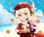  1girl :d ahoge arina_sei bangs beach blue_sky brown_scarf cabbie_hat carrying cloud cloudy_sky clover_print coat commentary cup drink drinking_glass eyebrows_visible_through_hair fish-flavored_toast food genshin_impact hair_between_eyes hat hat_feather hat_ornament horizon ice ice_cube klee_(genshin_impact) light_brown_hair long_hair long_sleeves looking_at_viewer low_twintails open_mouth orange_eyes plate pocket pointy_ears red_coat red_headwear scarf sidelocks sky smile solo sparkle toast tray twintails wine_glass wolfhook_juice_(genshin_impact) 