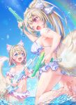  2girls animal_ear_fluff animal_ears bare_arms bare_legs bare_shoulders bikini blonde_hair blue_eyes blue_hair blue_nails blush breasts collarbone dog_ears dog_girl dog_tail frilled_bikini frilled_bikini_bottom frilled_bikini_top frills fuwawa_abyssgard hair_between_eyes hair_ornament highres holding holding_water_gun hololive hololive_english holonatsu_paradise long_hair looking_at_another medium_breasts mococo_abyssgard multicolored_hair multiple_girls nail_polish navel one_eye_closed open_mouth pink_eyes pink_hair pink_nails short_hair siblings sideboob sisters smile splashing stomach swimsuit tail toenail_polish toenails tsuru_hane twins water_gun wet white_bikini x_hair_ornament 