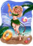  1girl abicattoo absurdres animal_ears ball bananajuju beach beachball blonde_hair blue_sky brown_hair brown_tail cloud day dreadlocks highres holding holding_water_gun indie_virtual_youtuber leaf_bra leaf_skirt long_hair looking_at_viewer monkey_ears monkey_girl monkey_tail navel open_mouth orange_innertube outdoors palm_tree plant_clothing sand sky solo starfish striped_innertube tail tree two-tone_innertube virtual_youtuber water water_gun yellow_innertube 