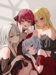  5girls :d absurdres alternate_costume black_dress blonde_hair blue_hair breasts cleavage closed_mouth comiket_106 commentary_request double-parted_bangs dress earrings elf english_commentary green_eyes grey_hair hair_between_eyes hair_ribbon half_updo halter_dress halterneck heterochromia highres hololive hololive_fantasy houshou_marine jewelry large_breasts long_hair looking_at_viewer medium_hair mixed-language_commentary monokawa_(iurl1z) multicolored_hair multiple_girls necklace off-shoulder_dress off_shoulder open_mouth orange_eyes parted_lips pointy_ears rabbit-shaped_pupils red_eyes red_hair ribbon ring shiranui_flare shirogane_noel short_dress short_eyebrows short_sleeves smile spaghetti_strap strapless strapless_dress streaked_hair symbol-shaped_pupils thick_eyebrows twintails two_side_up usada_pekora virtual_youtuber white_hair yellow_eyes 