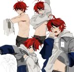  2boys ahoge aotsuki_eito arm_up armpit_hair black_pants black_streaks blue_eyes blue_jacket clothes_lift commentary doodle_inset dressing english_commentary english_text grey_jacket hand_under_clothes holding_hoodie hood hoodie hoodie_lift jacket jacket_over_hoodie male_focus multicolored_hair multicolored_jacket multiple_boys multiple_views one_eye_closed pants red_hair short_hair sijia_(jd5vlp) streaked_hair sumino_takumi the_hundred_line_-last_defense_academy- two-tone_jacket white_background white_hoodie yawning 