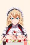  1girl absurdres blonde_hair blue_eyes breasts cleavage closed_mouth cream_on_breasts eyebrows_visible_through_hair g36_(girls&#039;_frontline) girls&#039;_frontline gloves hands_on_own_breasts highres kepra_iii long_hair looking_at_viewer maid maid_headdress medium_breasts simple_background solo white_gloves 