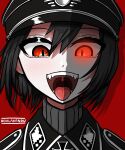  1girl artist_name black_hair black_hat cross hat highres iron_cross jacket koalakanru looking_at_viewer military_hat military_jacket military_uniform nazi open_mouth original portrait red_background red_eyes short_hair simple_background solo ss_uniform sven_hoffmann teeth tongue tongue_out 