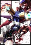  1girl absurdres armor artist_request bad_id bad_pixiv_id blood blue_armor breast_missiles breasts broken brown_hair cable defeat explosion exposed_internal_machinery glowing glowing_eyes great_mazinger highres mazinger_(series) mecha mecha_focus mechabare metal_hair multicolored_armor pussy red_armor robot robot_girl smoke super_robot venus_a white_armor 