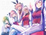  2021 2girls 3boys animal_ears astolfo_(fate) astolfo_(saber)_(fate) blue_eyes caenis_(fate) couch dark_skin dated enkidu_(fate) eyebrows_visible_through_hair fake_animal_ears fate/grand_order fate_(series) green_hair hair_between_eyes ittokyu kiichi_hougen_(fate) long_hair long_sleeves looking_at_viewer multicolored_hair multiple_boys multiple_girls one_eye_closed open_mouth pants pink_eyes pink_hair pointy_ears purple_eyes rabbit_ears red_hair short_hair simple_background sitting teeth tongue two-tone_hair white_background white_hair yellow_eyes 