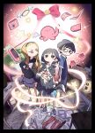 1boy 2girls absurdres animal animal_collar arm_at_side arms_at_sides azuma_naoki backpack bag black_border black_eyes black_hair black_hairband black_shirt blonde_hair blue_shirt blue_shorts border bow bright_pupils camera cellphone chappy_(takopii_no_genzai) child closed_eyes closed_mouth collar detached_wings dog dot_mouth flip_phone food forehead full_body grey_shorts hairband hand_on_own_hip highres holding holding_animal holding_dog indoors kirarazaka_marina kuze_shizuka light_blush long_hair long_sidelocks long_sleeves looking_at_another looking_back looking_up multiple_girls no_nose oshake pancake pancake_stack phone pink_bow pink_ribbon print_shirt puckered_lips randoseru ribbon shirt short_hair short_sleeves shorts sidelocks skirt socks standing star_(symbol) takopii takopii_no_genzai v-shaped_eyebrows wavy_hair wavy_sidelocks white_pupils white_shirt white_skirt white_socks wings yellow_eyes 