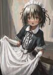  1girl absurdres apron black_dress black_hair black_ribbon blush bow brown_eyes collar cowboy_shot dress gloves highres looking_at_viewer maid maid_apron maid_headdress medium_hair neck_ribbon open_mouth original ribbon shion_(mirudakemann) sketch skirt_hold smile solo waist_apron white_apron white_bow white_gloves 