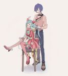  1boy 1girl animal_ears arms_between_legs blue_hair blue_nails blush bow bowtie brushing_hair cat_ears closed_eyes dress eyelashes fang full_body green_hair hair_between_eyes happy hatsune_miku high_heels holding holding_another&#039;s_hair holding_brush kaito_(vocaloid) long_hair long_sleeves mo_chi_ro nail_polish on_stool open_mouth pants pink_bow pink_bowtie pink_thighhighs short_hair sitting smile standing striped_clothes striped_dress striped_pants thighhighs twintails vertical-striped_clothes vertical-striped_dress vertical-striped_pants very_long_hair vocaloid white_background 
