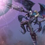  1boy bandana bandana_around_arm beelzebumon beelzebumon_blast_mode black_jacket black_pants black_wings blonde_hair digimon digimon_(creature) feathered_wings green_eyes jacket male_focus nakitoritaro pants red_bandana short_hair solo third_eye wings 