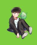  1boy black_hair black_jacket black_pants blush bomhat brown_eyes ekubo_(mob_psycho_100) eyebrows_visible_through_hair full_body gakuran green_background highres jacket kageyama_shigeo long_sleeves looking_at_viewer male_focus mob_psycho_100 open_clothes open_jacket pants parted_lips school_uniform shirt shirt_tucked_in shoe_soles short_hair simple_background very_short_hair white_footwear white_shirt 