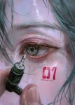  1girl 1other aqua_eyes aqua_hair audio_jack character_name close-up commentary doeun_o_o eye_focus eyelashes facial_tattoo faux_traditional_media fingernails hatsune_miku highres number_tattoo paintbrush painterly realistic solo tattoo vocaloid 
