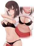  1girl black_bra black_panties blush bra breasts brown_hair cleavage commentary frown highres kamu_(geeenius) lace-trimmed_bra lace_trim large_breasts lingerie looking_at_viewer multiple_views navel nose_blush original panties red_eyes red_shorts shirt short_hair short_sleeves shorts stomach sweat underwear undressing white_shirt 