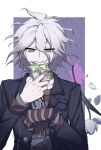  1boy bangs black_jacket blood chain collar commentary_request danganronpa_(series) danganronpa_another_episode:_ultra_despair_girls flower gloves green_flower hair_between_eyes hand_up highres jacket komaeda_nagito long_sleeves looking_at_viewer male_focus medium_hair metal_collar official_alternate_costume parted_lips petals pink_blood red_shirt shirt smile solo striped striped_gloves striped_shirt teeth upper_body white_background white_flower ziling 