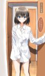  1girl bangs black_hair blue_eyes blush borrowed_garments breast_pocket commentary door dress_shirt hair_between_eyes highres indoors long_sleeves naked_shirt no_pants open_door original oversized_clothes pentagon_(railgun_ky1206) pocket shirt short_hair sleeves_past_wrists solo translated white_shirt 