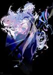  1boy absurdres ahoge bishounen black_background black_pants black_shoes closed_mouth commentary_request eeju fate/grand_order fate_(series) flower flower_knot full_body gold_trim hair_between_eyes highres holding holding_staff holding_weapon hood hooded_robe light_smile long_hair long_sleeves looking_at_viewer male_focus merlin_(fate) pants purple_eyes robe shoes simple_background smile solo staff standing tassel very_long_hair weapon white_hair white_hood white_robe wide_sleeves wooden_staff 
