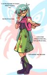  1girl backpack bag black_boots blush boots bow bowtie bracelet card english_commentary english_text exodia_the_forbidden_one full_body genderswap genderswap_(mtf) glasses green_hair green_skirt highres holding holding_card insect_print insector_haga jewelry long_hair pink_bow pink_bowtie purple_eyes skirt standing welldrawnfish yellow-framed_eyewear yu-gi-oh! 