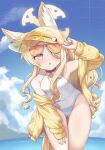  1girl absurdres adjusting_eyewear animal_ears ass_visible_through_thighs bare_shoulders blonde_hair blue_archive breasts commentary covered_navel cross_halo fox_ears fox_girl fox_tail hair_over_one_eye halo highleg highleg_one-piece_swimsuit highres jacket leaning_forward long_hair long_sleeves looking_at_viewer official_alternate_costume one-piece_swimsuit open_mouth outdoors puffy_long_sleeves puffy_sleeves purple_eyes red-tinted_eyewear seia_(blue_archive) seia_(swimsuit)_(blue_archive) side_ponytail sky sleeves_past_wrists small_breasts solo sunglasses swimsuit tail thighs tinted_eyewear visor_cap white_one-piece_swimsuit wjddn yellow_halo yellow_jacket yellow_visor 