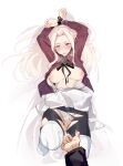  1boy 1girl black_legwear boots bound bound_wrists breasts cuffs cum cum_on_clothes cum_on_thighs emiya_kiritsugu fate/zero fate_(series) handcuffs hetero highres irisviel_von_einzbern long_hair lying medium_breasts nipples on_back open_clothes open_shirt panties pantyhose red_eyes red_shirt shirt solo_focus thigh_boots thighhighs torn_clothes torn_legwear underwear uno_ryoku white_footwear white_hair white_panties 