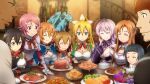  2boys 6+girls agil armor asuna_(sao) black_eyes black_hair blonde_hair breasts brown_hair cleavage closed_eyes dragon_on_head food game_cg green_eyes highres indoors klein leafa leafa_(sao:im) lisbeth medium_breasts multiple_boys multiple_girls official_art philia_(sao) pina_(sao) pink_hair purple_hair red_eyes silica sinon sinon_(sao:hf) smile strea_(sao) sword_art_online sword_art_online:_hollow_fragment yui_(sao) 