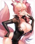  1girl animal_ear_fluff animal_ears bangs black_bodysuit blush bodysuit bow breasts card center_opening choker cleavage commentary fate/grand_order fate_(series) fox_ears fox_girl fox_tail glasses gz_(gyoju) hair_between_eyes hair_bow highres hip_vent koyanskaya_(fate) large_breasts long_hair looking_at_viewer open_mouth pink_bow pink_hair playing_card ponytail sidelocks smile solo tail tamamo_(fate) yellow_eyes 