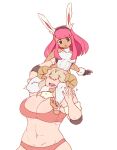  2girls abs animal_ears blonde_hair breasts cleavage covered_abs fur hanzo_(2929) horns multiple_girls muscular muscular_female open_mouth original pink_hair platinum_blonde_hair rabbit_ears rabbit_girl scissorhold sheep_girl sheep_horns simple_background stirrup_legwear tail toeless_legwear white_background 