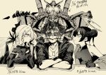  1boy 2girls ahoge belt blue_archive buttons character_name china_dress chinese_clothes coat coat_on_shoulders commentary_request crossed_arms crossover dated demon_girl demon_horns dog_tags double_bun dress fur-trimmed_coat fur_trim ganma_(nicoseiga52595768) girl_sandwich greyscale gundam gundam_gquuuuuux hair_between_eyes hair_bun hair_ornament hairclip half_updo halo happy_birthday highres hina_(blue_archive) horns jewelry kisaki_(blue_archive) long_hair long_sleeves looking_at_another mecha meme military_uniform monochrome motion_blur multiple_girls necklace open_clothes open_coat own_hands_together parted_bangs profile red_gundam robot sam_browne_belt sandwiched sensei_(blue_archive) sidelocks the_weaker_sex_1_(gibson) wavy_hair 