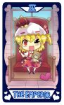  1girl ;d ascot chibi claws colonel_aki crown eyebrows_visible_through_hair fang flandre_scarlet hat hat_ribbon heart holding holding_stick looking_at_viewer mini_crown mob_cap one_eye_closed open_mouth red_eyes ribbon sharp_teeth shoes short_hair short_sleeves side_ponytail skirt smile socks stick stuffed_animal stuffed_toy tarot tarot_arcana teddy_bear teeth throne touhou window 
