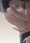  2girls back black_hair breasts brown_hair collarbone deerwhisky gradient gradient_background hand_on_another&#039;s_head hand_on_another&#039;s_waist hug imminent_kiss lips medium_breasts medium_hair multiple_girls nipples no_bra open_mouth original out_of_frame pants simple_background topless yuri 