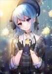  1girl ascot bangs beret black_choker black_gloves blue_hair blue_neckwear buttons chitose_mame choker collared_shirt crown crying crying_with_eyes_open double-breasted earrings gloves grey_headwear grey_jacket hair_between_eyes hair_ribbon happy_tears hat highres hololive hoshimachi_suisei jacket jewelry long_hair long_sleeves looking_at_viewer medium_hair partially_fingerless_gloves pendant plaid plaid_headwear plaid_jacket purple_eyes ribbon shirt side_ponytail sidelocks solo star_(symbol) star_bracelet star_earrings star_in_eye symbol_in_eye tears virtual_youtuber white_shirt 