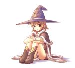  1girl bangs blonde_hair boots brown_cape brown_dress brown_eyes brown_footwear cape closed_mouth commentary_request doridori dress eyebrows_visible_through_hair full_body fur-trimmed_cape fur_trim hair_between_eyes hat high_wizard_(ragnarok_online) hugging_own_legs looking_at_viewer ragnarok_online short_dress short_hair simple_background sitting smile solo two-tone_dress white_background white_dress witch_hat 
