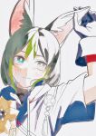  1boy 333takoyaki animal_ear_fluff animal_ears black_gloves black_hair blue_eyes blush closed_mouth commentary_request drawstring flower fox_boy fox_ears genshin_impact gloves green_hair grey_background hair_between_eyes hand_up highres hood hood_down male_focus medal multicolored_hair short_sleeves simple_background solo tighnari_(genshin_impact) upper_body yellow_flower 