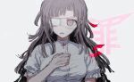  1girl alternate_costume bangs breasts brown_eyes cross danganronpa_(series) danganronpa_2:_goodbye_despair haji_(shame_3800) hand_on_own_chest hand_up large_breasts long_hair looking_at_viewer nurse parted_lips short_sleeves simple_background sketch solo tsumiki_mikan upper_body white_background white_eyepatch 