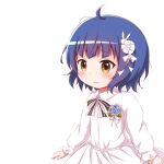  1girl ahoge bangs blue_hair blush bow brown_eyes bunny_hair_ornament closed_mouth collared_dress dress eyebrows_visible_through_hair fang fang_out flower gochuumon_wa_usagi_desu_ka? goth_risuto hair_bow hair_flower hair_ornament jouga_maya long_sleeves puffy_long_sleeves puffy_sleeves simple_background sleeves_past_wrists smile solo white_background white_bow white_dress white_flower 