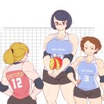  3girls ass bangs biceps blonde_hair blue_hair bob_cut breasts brown_hair covered_nipples elbow_pads glasses hand_on_hip hanzo_(2929) height_difference multiple_girls muscular muscular_female original ponytail red-framed_eyewear short_hair short_shorts shorts smile smug sportswear swept_bangs tall_female volleyball volleyball_uniform 
