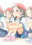  6+girls :o baseball_cap black_hair blue_eyes blue_footwear blue_shorts brown_eyes closed_eyes closed_mouth collarbone commentary_request forehead gomennasai gym_shirt gym_shorts gym_uniform hair_over_shoulder hat highres hot hugging_own_legs knees_up long_hair looking_away low_twintails multiple_girls original parted_lips pink_footwear red_headwear shirt shoes short_shorts short_sleeves shorts sitting sweat translated twintails wavy_mouth white_background white_shirt wide_sleeves 