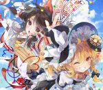  2girls apron ascot between_fingers black_bow black_hat black_skirt black_vest blonde_hair bow braid broom broom_riding brown_eyes brown_hair commentary_request detached_sleeves frilled_bow frills grin hair_bow hair_tubes hakurei_reimu hat hat_bow holding kirisame_marisa long_hair looking_at_viewer mini-hakkero multiple_girls ofuda ofuda_between_fingers one_eye_closed open_mouth red_bow ribbon-trimmed_sleeves ribbon_trim side_braid signature single_braid skirt smile touhou toutenkou twitter_username vest waist_apron watermark white_bow witch_hat yellow_ascot yellow_eyes 
