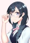  1girl adjusting_eyewear ashiro_(ashiro_ym) bangs braid commentary_request grey-framed_eyewear highres long_hair looking_at_viewer love_live! love_live!_nijigasaki_high_school_idol_club nakagawa_nana nijigasaki_academy_uniform school_uniform semi-rimless_eyewear shiny shiny_hair short_sleeves sidelocks signature smile solo twin_braids under-rim_eyewear upper_body yuuki_setsuna_(love_live!) 