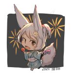  1girl absurdres aerial_fireworks animal_ears black_background blue_kimono candy_apple chibi commentary_request dated fireworks flower food fox_ears fox_girl fox_tail full_body grey_hair hair_flower hair_ornament highres holding holding_food japanese_clothes kimono kinchaku long_sleeves obi original pouch sash solo tail two-tone_background white_background wide_sleeves yellow_flower yuuji_(yukimimi) 