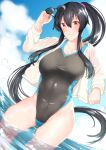  1girl black_hair black_swimsuit blue_sky cloud collarbone competition_swimsuit cowboy_shot dutch_angle eyewear_removed highleg highleg_swimsuit highres jacket kantai_collection long_hair one-piece_swimsuit open_clothes open_jacket ponytail red_eyes scrunchie sidelocks sky solo swimsuit wading water white_jacket yahagi_(kancolle) z_(knkr1025) 