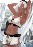  1girl absurdres armpits arms_behind_head bikini blue_eyes breasts chiwa_kotarou cleavage dark-skinned_female dark_skin earrings highres jewelry looking_at_viewer maid_headdress original short_hair solo swimsuit wet white_bikini white_hair 