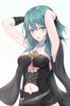  1girl absurdres armpits blue_eyes blush breasts byleth_(fire_emblem) byleth_(fire_emblem)_(female) cape cleavage clothing_cutout fire_emblem fire_emblem:_three_houses green_hair hands_on_own_head highres lacetear_blazer long_hair looking_at_viewer medium_breasts navel navel_cutout short_shorts shorts simple_background sleeveless solo strapless tubetop white_background 