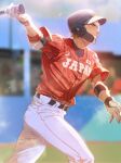  1boy arm_up baseball_bat baseball_helmet baseball_uniform belt black_headwear blurry blurry_background brown_eyes brown_hair clothes_writing commentary_request day elbow_pads english_text from_side gloves grin happy helmet highres holding holding_baseball_bat japanese_flag light_particles male_focus motion_blur olympics orange-tinted_eyewear outdoors outstretched_arm pants red_shirt rimless_eyewear sato_(sato_1_11) shirt shirt_tucked_in short_hair short_sleeves smile solo sportswear standing striped striped_shirt sunlight sweat teeth tinted_eyewear undershirt v-shaped_eyebrows visor white_gloves white_pants 