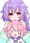  1girl absurdres blush blush_stickers braid braided_ponytail character_doll d-pad d-pad_hair_ornament doll_hug dress hair_between_eyes hair_ornament highres kami_jigen_game_neptune_v looking_at_viewer messy_hair neptune_(neptune_series) neptune_(series) open_mouth pink_eyes purple_hair pururut rairai_(light) single_braid solo upper_body 