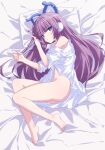  1girl azur_lane bangs bare_legs barefoot blue_eyes blunt_bangs collared_shirt commentary earmuffs expressionless eyebrows_visible_through_hair feet long_hair looking_at_viewer lying naked_shirt navel off_shoulder official_alternate_costume on_bed on_side open_clothes open_shirt oueo parted_lips purple_hair shirt solo stomach tashkent_(azur_lane) tashkent_(the_blue_snoozer)_(azur_lane) toes very_long_hair white_shirt 