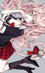  1girl 3j_dangan :d animal_ears bangs bell black_footwear black_shirt blue_eyes boots bow bra breasts cat_ears cat_tail cleavage clenched_hand danganronpa:_trigger_happy_havoc danganronpa_(series) enoshima_junko grey_background hand_up high_heel_boots high_heels highres knee_boots long_hair lying miniskirt on_stomach open_mouth plaid plaid_skirt red_bow red_skirt shirt simple_background skirt smile solo tail tail_bell tail_ornament underwear 